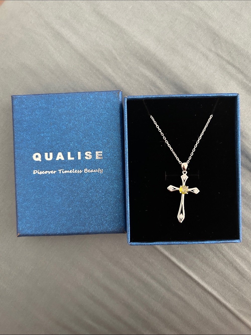 Silver Cross Necklace with Yellow Stone
